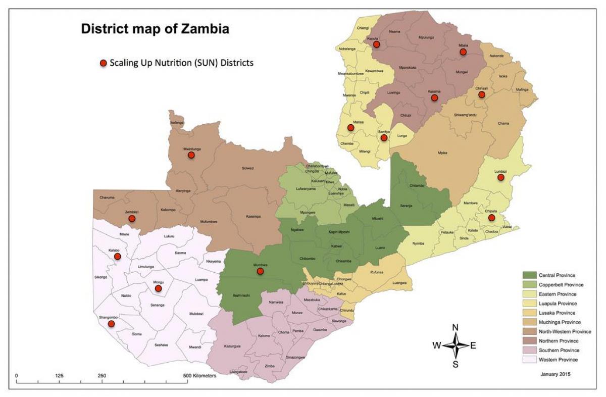 Zambia distrikt uppdaterad karta