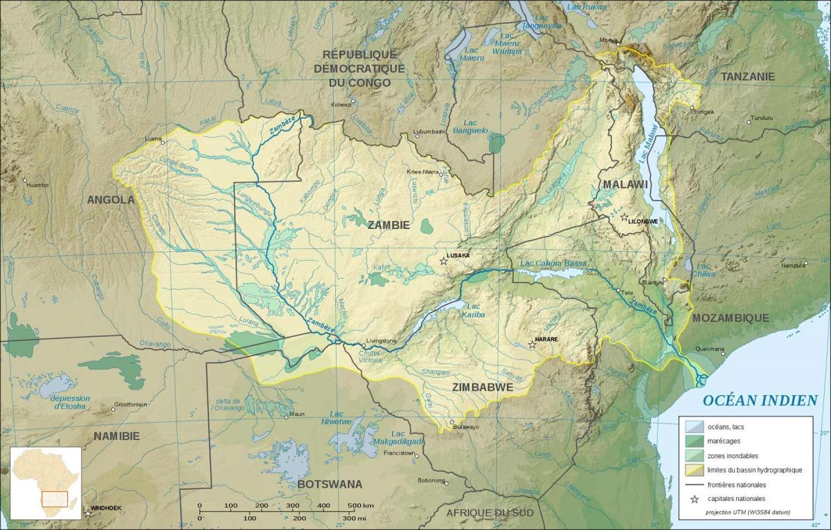 karta över Zambia visar floder och sjöar