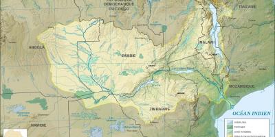 Karta över Zambia visar floder och sjöar